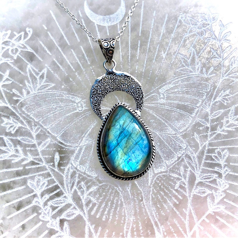 Flashy Blue Labradorite Teardrop & Crescent Moon Necklace